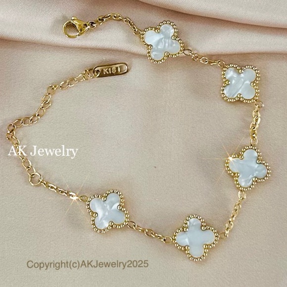 💎18K LUXURY QUATREFOIL Clover 5 Motif Bracelet, White Mother of Pearl - Picture 1 of 3